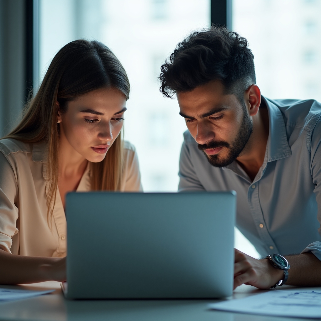 Doi colegi analizând un tabel dens de date pe un laptop într-o sală de ședințe